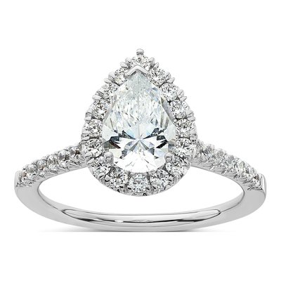 14K White Gold Diamond Pear Halo Engagement Ring Semi-Mount
