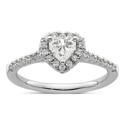 14K White Gold Diamond Halo Heart Engagement Ring Semi-Mount