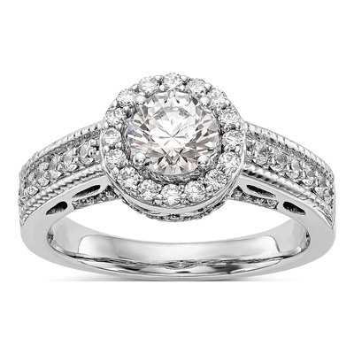 14K White Gold Diamond Halo Engagement Ring Semi-Mount