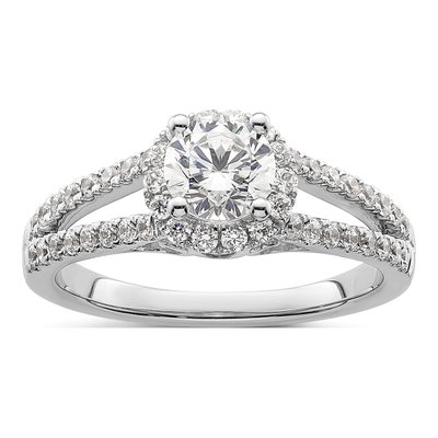 14K White Gold Diamond Halo Engagement Ring Semi-Mount