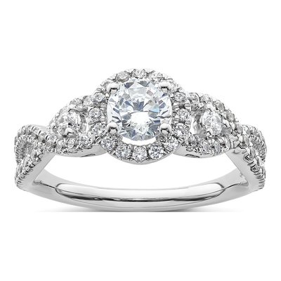 14K White Gold Diamond Halo Engagement Ring Semi-Mount