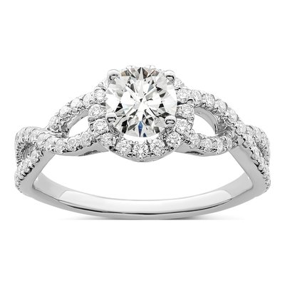 14K White Gold Diamond Halo Engagement Ring Semi-Mount