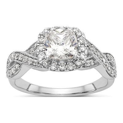 14K White Gold Diamond Halo Engagement Ring Semi-Mount