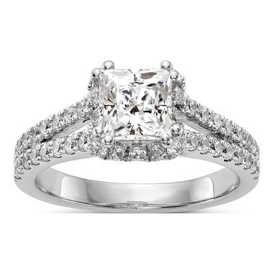 14K White Gold Diamond Square Halo Engagement Ring Semi-Mount