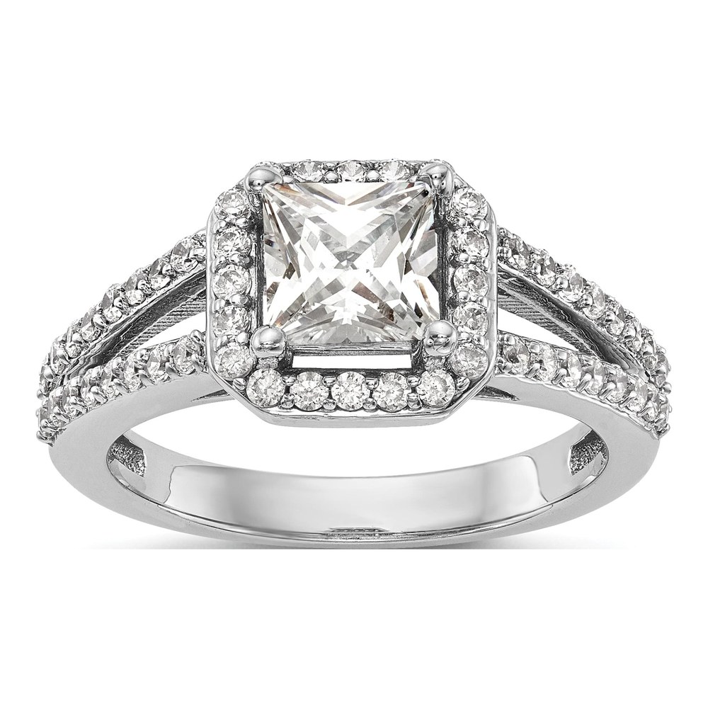 14K White Gold Rhodium-Plated Diamond Princess Semi-Mount Cushion Halo Engagement Ring