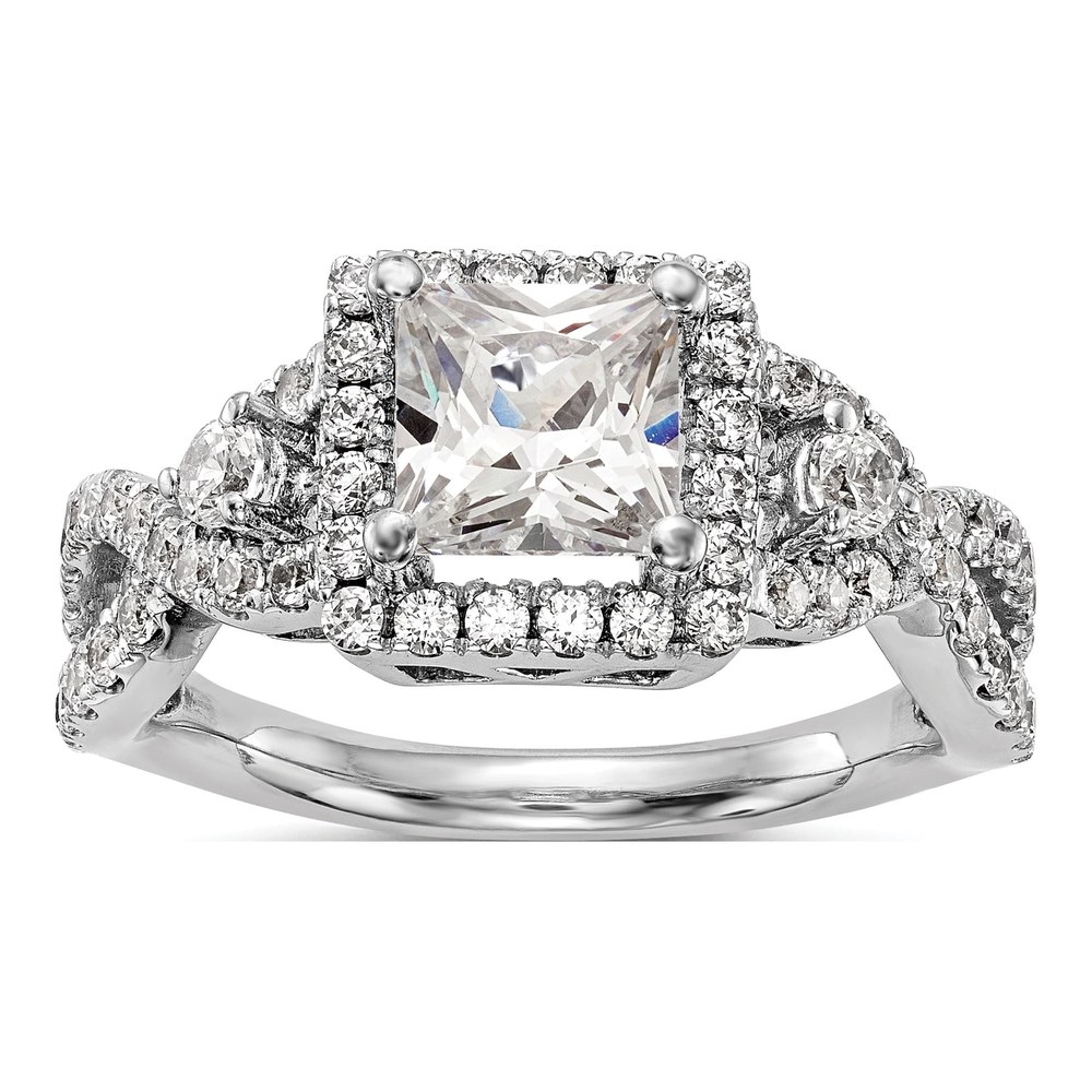 14K White Gold Rhodium-Plated Diamond Princess Semi-Mount Cushion Halo Engagement Ring