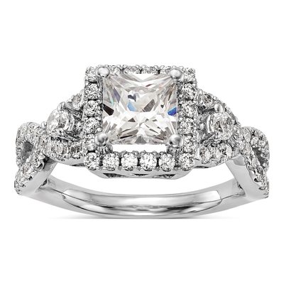 14K White Gold Diamond Cushion Halo Engagement Ring Semi-Mount