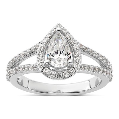 14K White Gold Diamond Pear Halo Engagement Ring Semi-Mount