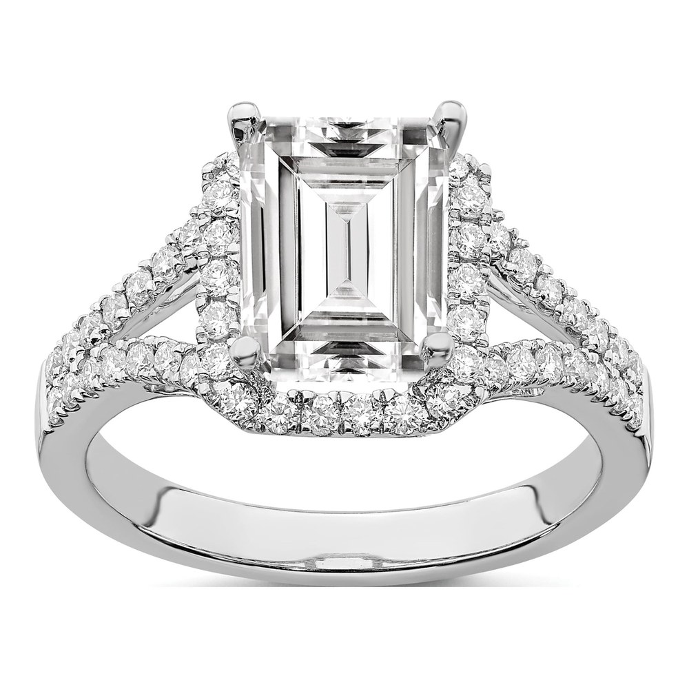 14K White Gold Rhodium-Plated Diamond Emerald Semi-Mount Halo Engagement Ring
