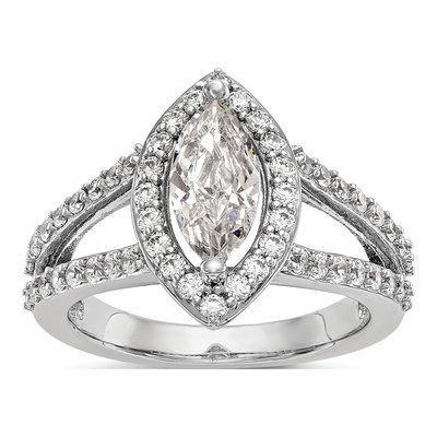 14K White Gold Diamond Marquise Halo Engagement Ring Semi-Mount