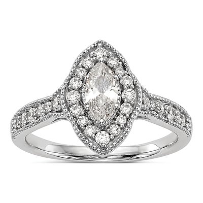 14K White Gold Diamond Halo Engagement Ring Semi-Mount