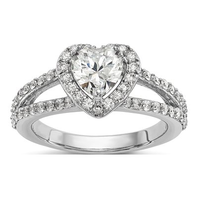 14K White Gold Diamond Heart Halo Engagement Ring Semi-Mount