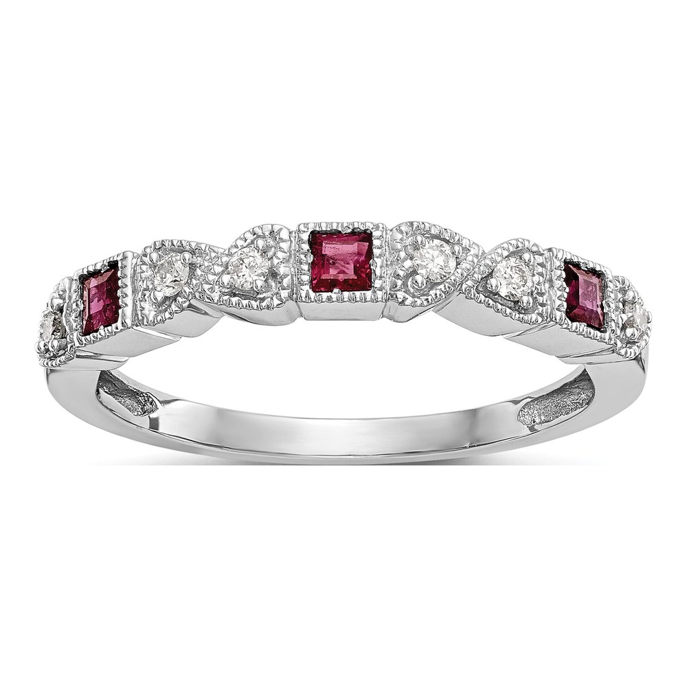 14K White Gold Heart Ruby and Diamond Wedding Band