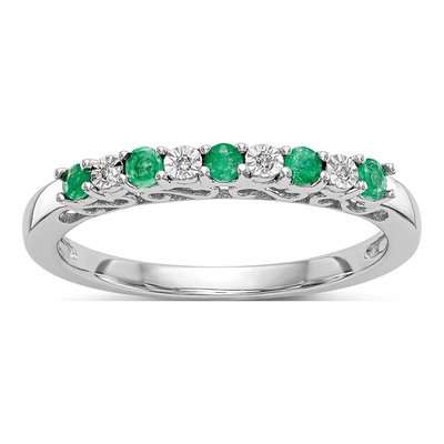 14K White Gold Emerald & Diamond Wedding Band