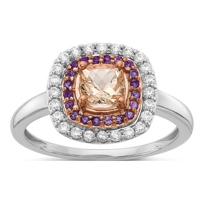 14K Two-Tone Gold 0.24 ct tw Morganite & Amethyst Cushion Shape Engagement Ring