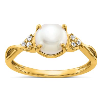 14K Yellow Gold Pearl & Diamond June Ring