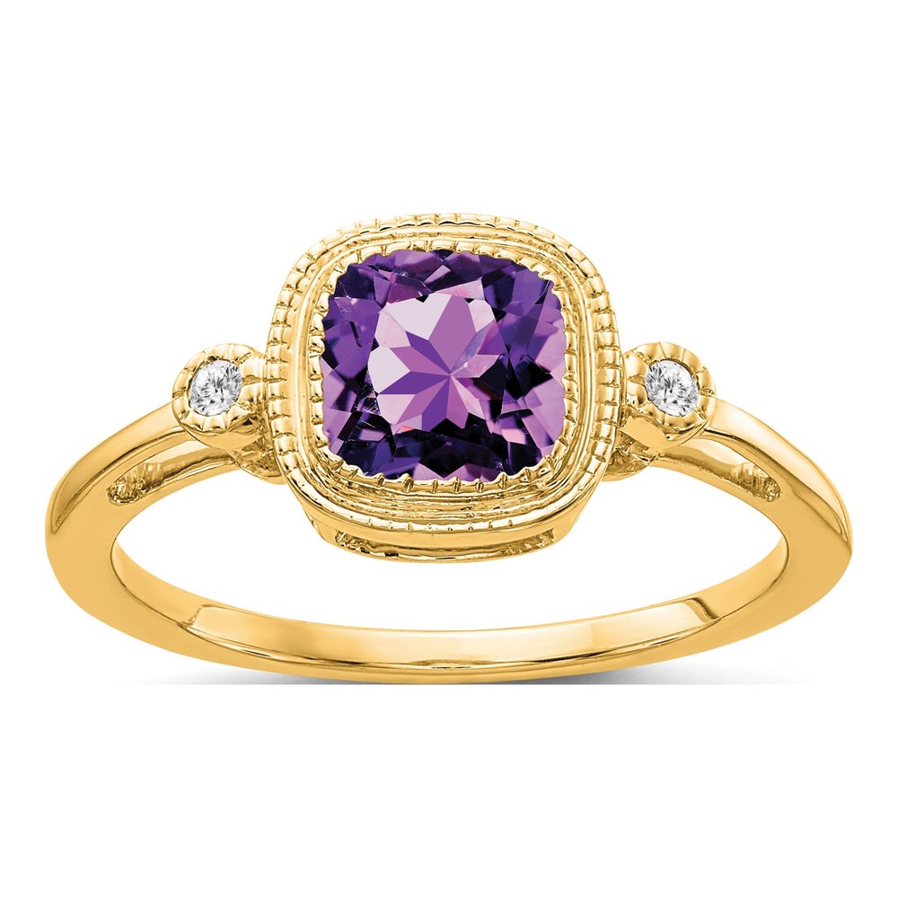 14K Yellow Gold Amethyst & Diamond Cushion Ring