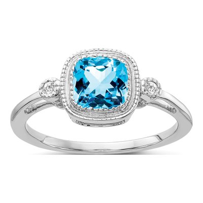 14K White Gold Cushion Blue Topaz & Diamond Ring