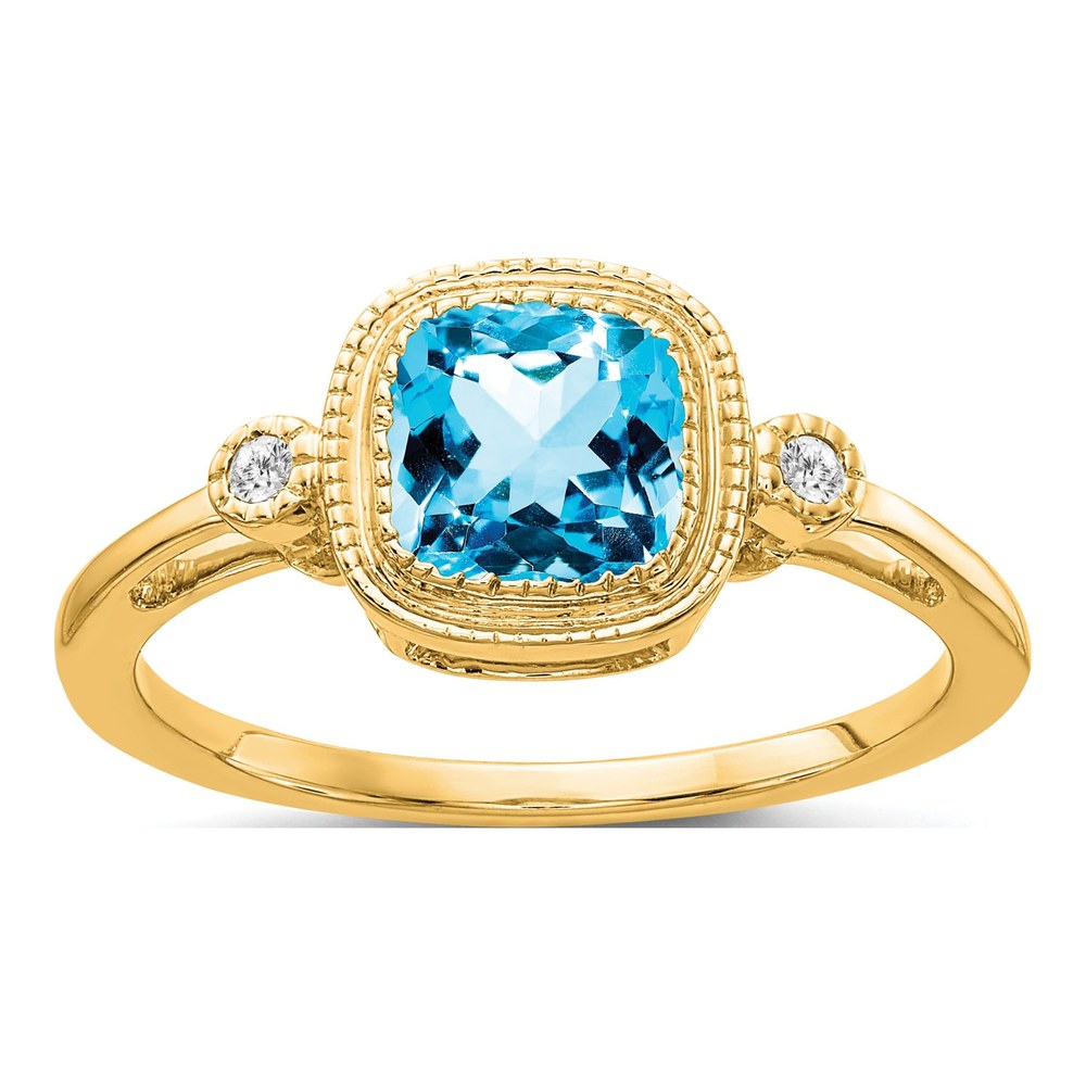 14K Yellow Gold Swiss Blue Topaz & Diamond Bezel Ring