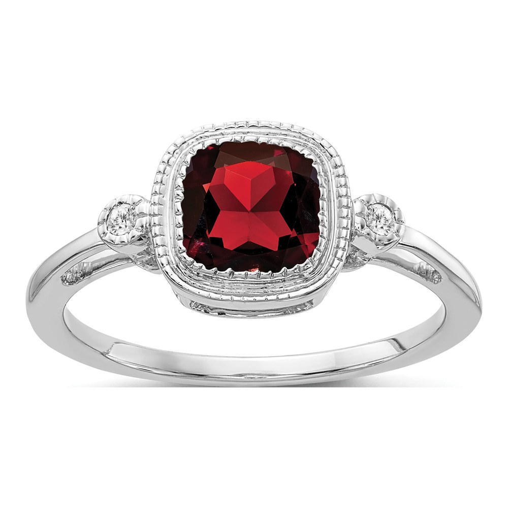14K White Gold Garnet & Diamond Cushion Bezel Ring