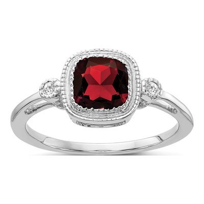 14K White Gold Garnet & Diamond Cushion Bezel Ring