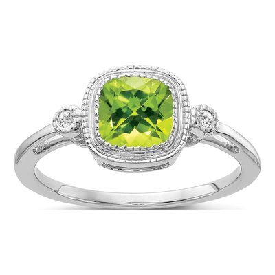 14K White Gold Peridot & Diamond Cushion Ring
