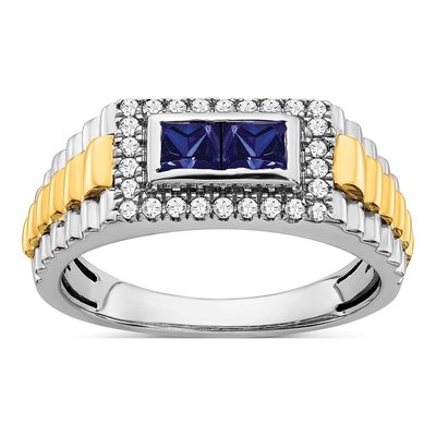 Men's 14K Two-Tone Gold 1/4 ct tw Lab-Created Sapphire & Diamond Square Halo Ring