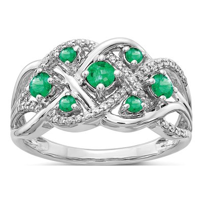 14K White Gold 1/5 ct tw Emerald & Diamond Woven Ring