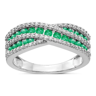 14K White Gold 1/3 ct tw Emerald & Diamond Fancy Ring