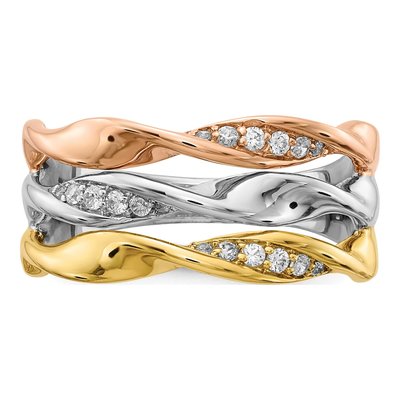 14K Tri-Color Gold 1/6 ct tw Diamond Triple-Strand Twist Ring – view 4
