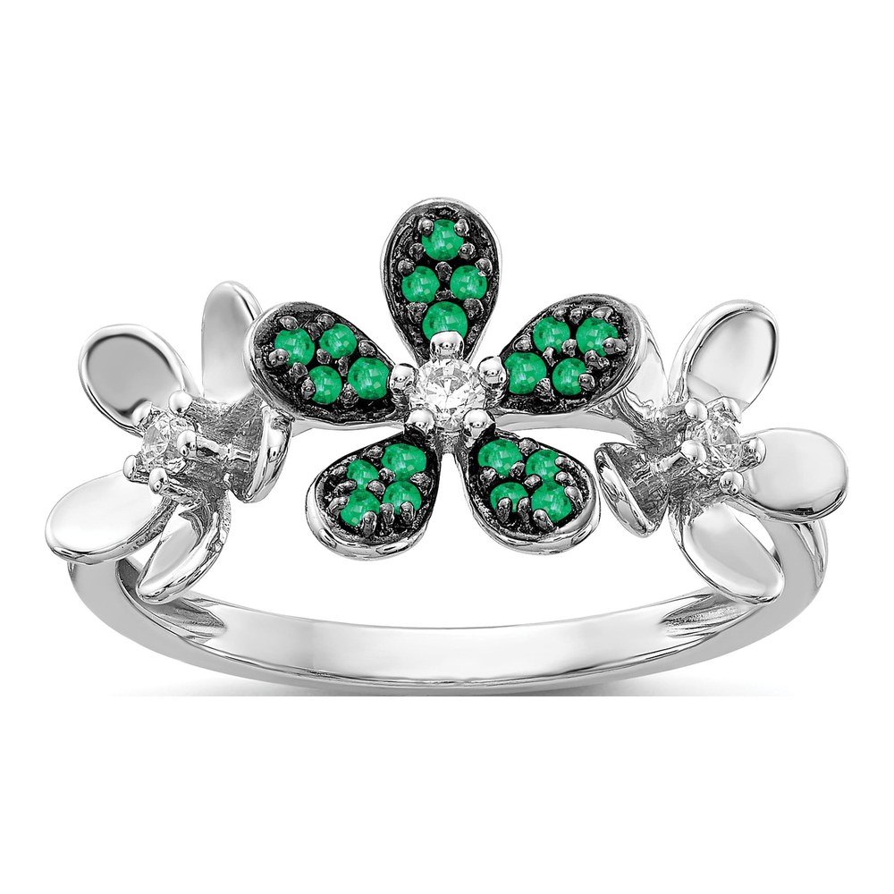 14K White Gold 1/10 ct tw Emerald & Diamond Flower Ring