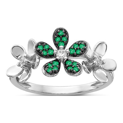 14K White Gold 1/10 ct tw Emerald & Diamond Flower Ring