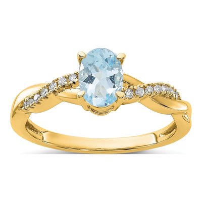 14K Yellow Gold 0.08 ct tw Aquamarine & Diamond Oval March Ring