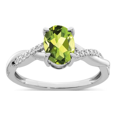 14K White Gold 1/15 ct tw Peridot & Diamond Oval Ring
