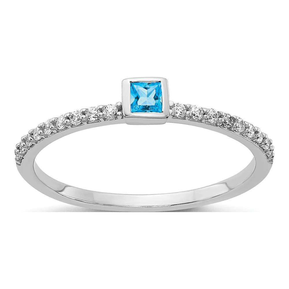 14K White Gold 1/6 ct tw Swiss Blue Topaz & Diamond Bezel Ring