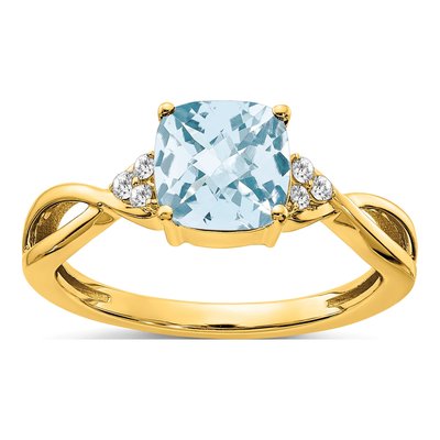 10K Yellow Gold 1/20 ct tw Aquamarine & Diamond Cushion Ring