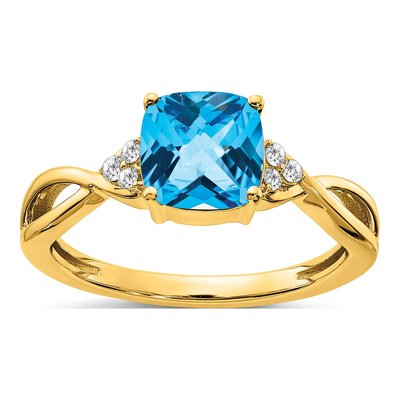 10K Yellow Gold 1/20 ct tw Swiss Blue Topaz & Diamond Cushion Ring