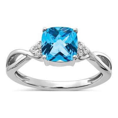 14K White Gold 1/20 ct tw Sky Blue Topaz & Diamond Cushion Ring