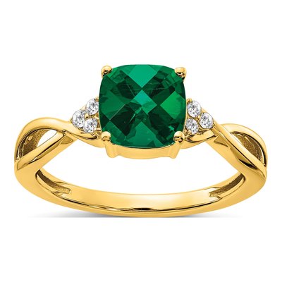10K Yellow Gold 1/20 ct tw Lab-Created Emerald & Diamond Cushion Checkerboard May Ring