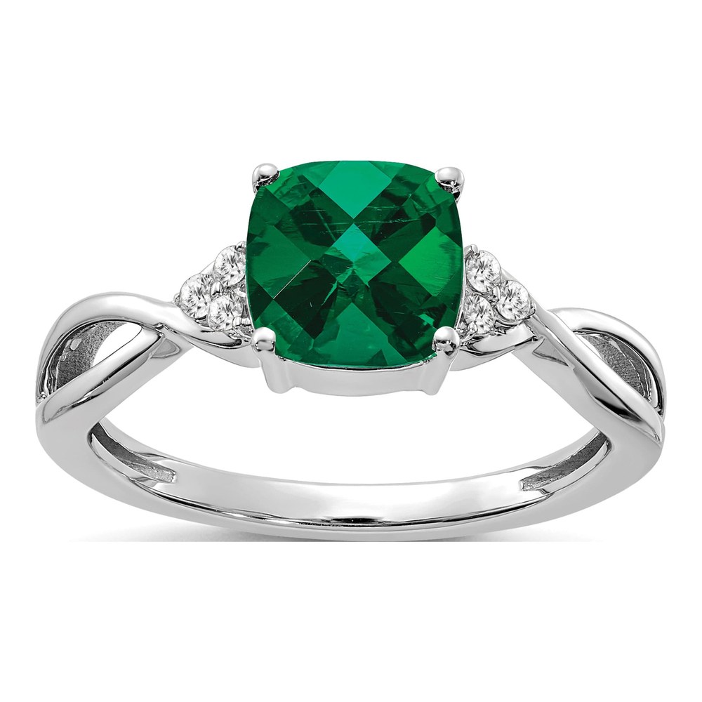 14K White Gold 1/20 ct tw Lab-Created Emerald & Diamond Cushion Checkerboard May Ring