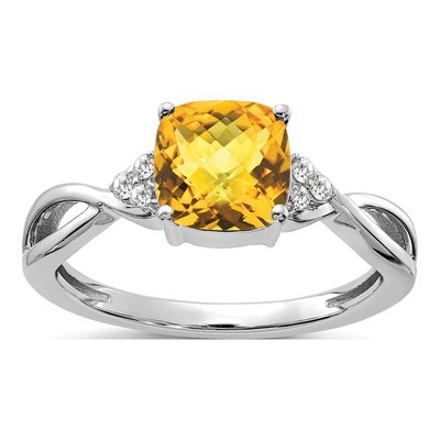 14K White Gold 1/20 ct tw Citrine & Diamond Cushion Ring