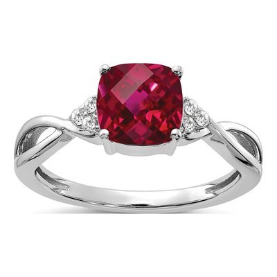 14K White Gold 1/20 ct tw Lab-Created Ruby & Diamond Cushion Ring
