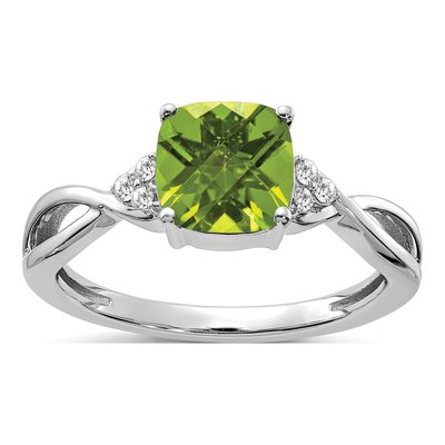14K White Gold 1/20 ct tw Peridot & Diamond Cushion Ring