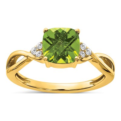 14K Yellow Gold 1/20 ct tw Peridot & Diamond Cushion Ring
