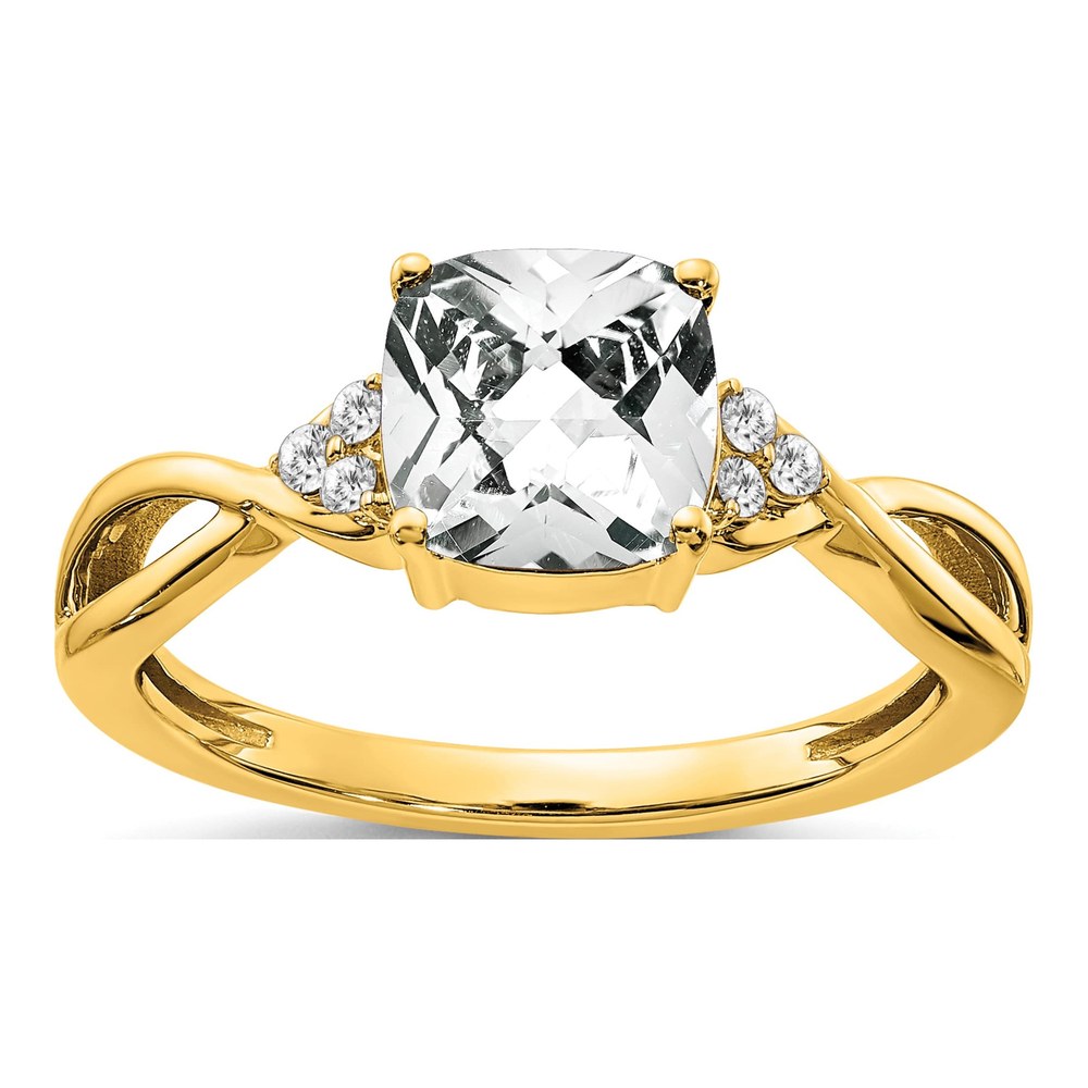 14K Yellow Gold 1/20 ct tw White Topaz & Diamond Cushion Ring