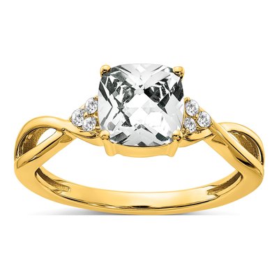 14K Yellow Gold 1/20 ct tw White Topaz & Diamond Cushion Ring