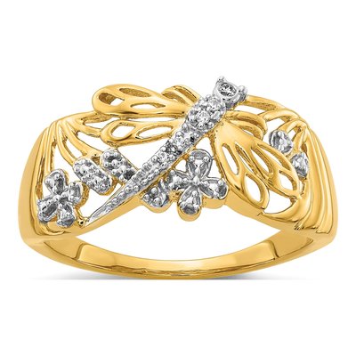 14K Yellow Gold Diamond Dragonfly Ring