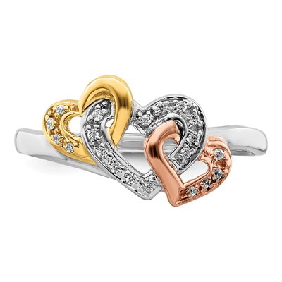 14K Tri-Color Gold 1/15 ct tw Diamond Triple Heart Ring – view 6