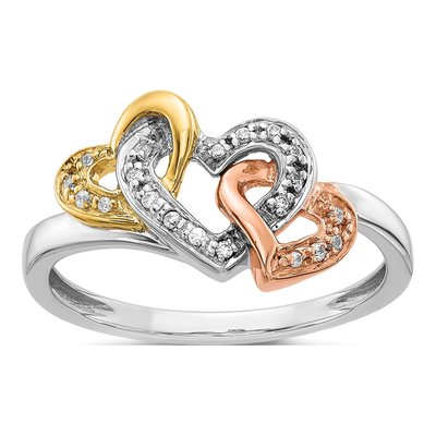 14K Tri-Color Gold 1/15 ct tw Diamond Triple Heart Ring