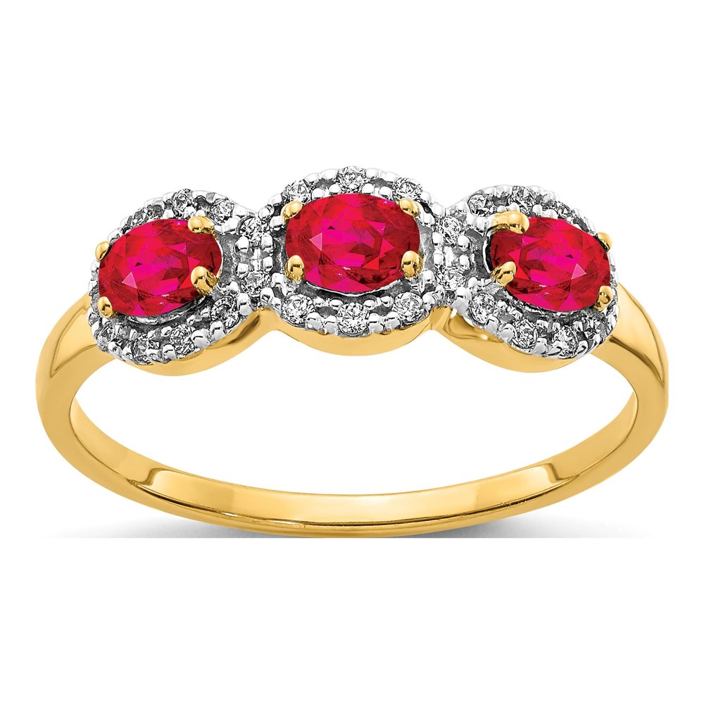 14K Yellow Gold 1/8 ct tw Ruby & Diamond Oval 3-Stone Ring